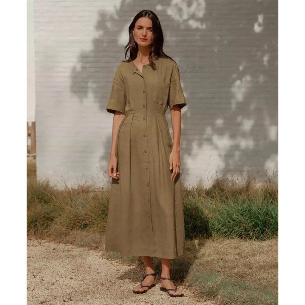 Jenni Kayne Linen Button Down Day Maxi‎ Dress Size XXL Khaki Casual Boho Chic